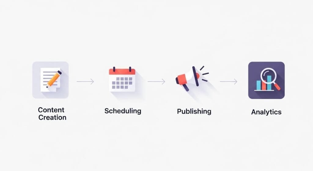 Content workflow showing creation, scheduling, and publishing process