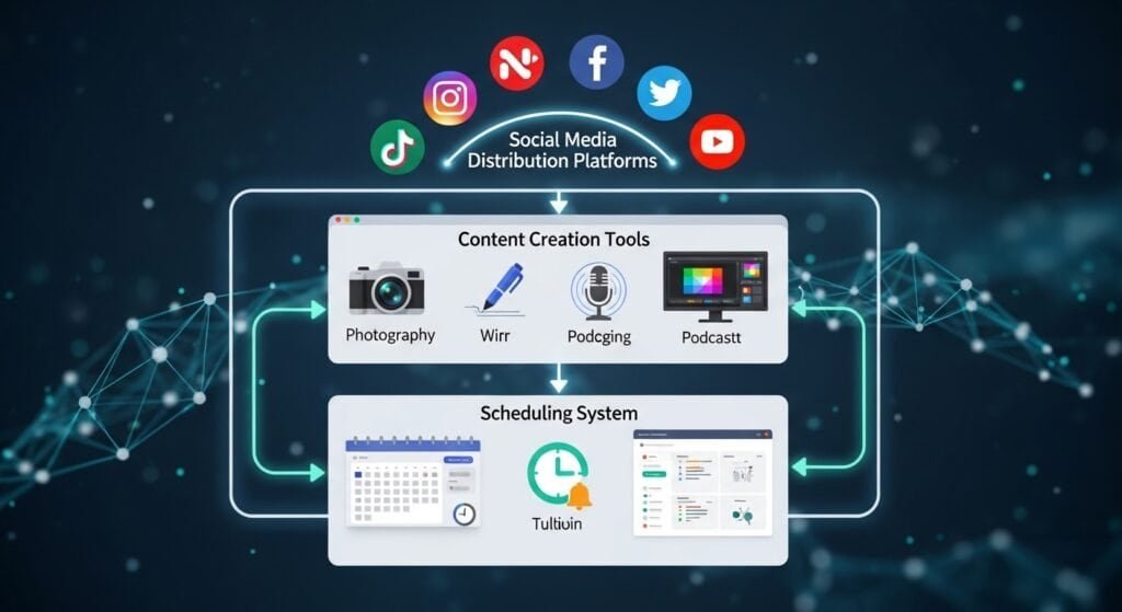 Content system showing scheduling layer between creation and distribution