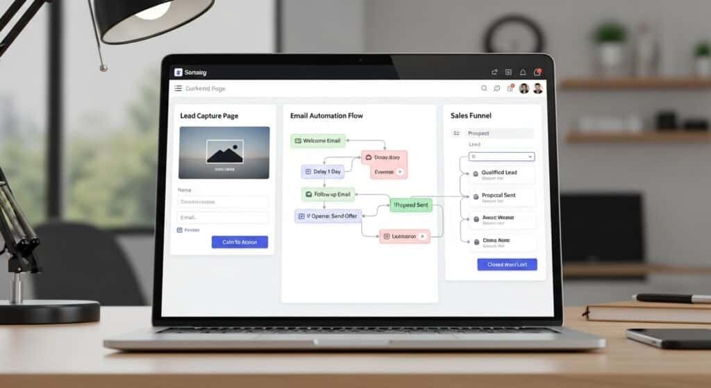 GoHighLevel funnel builder showing marketing automation pipeline for coaching sales funnel
