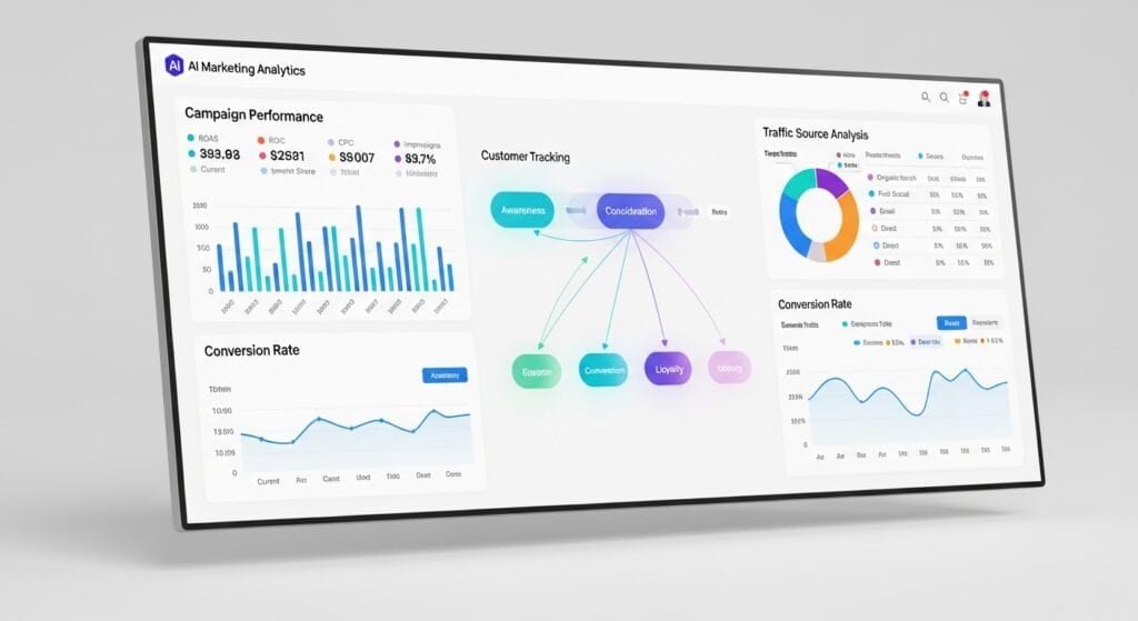 Core features of marketing analytics software including funnel tracking and campaign performance