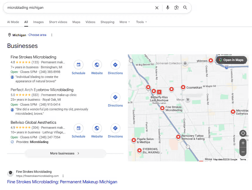 Google results showing Fine Strokes first for microblading Michigan