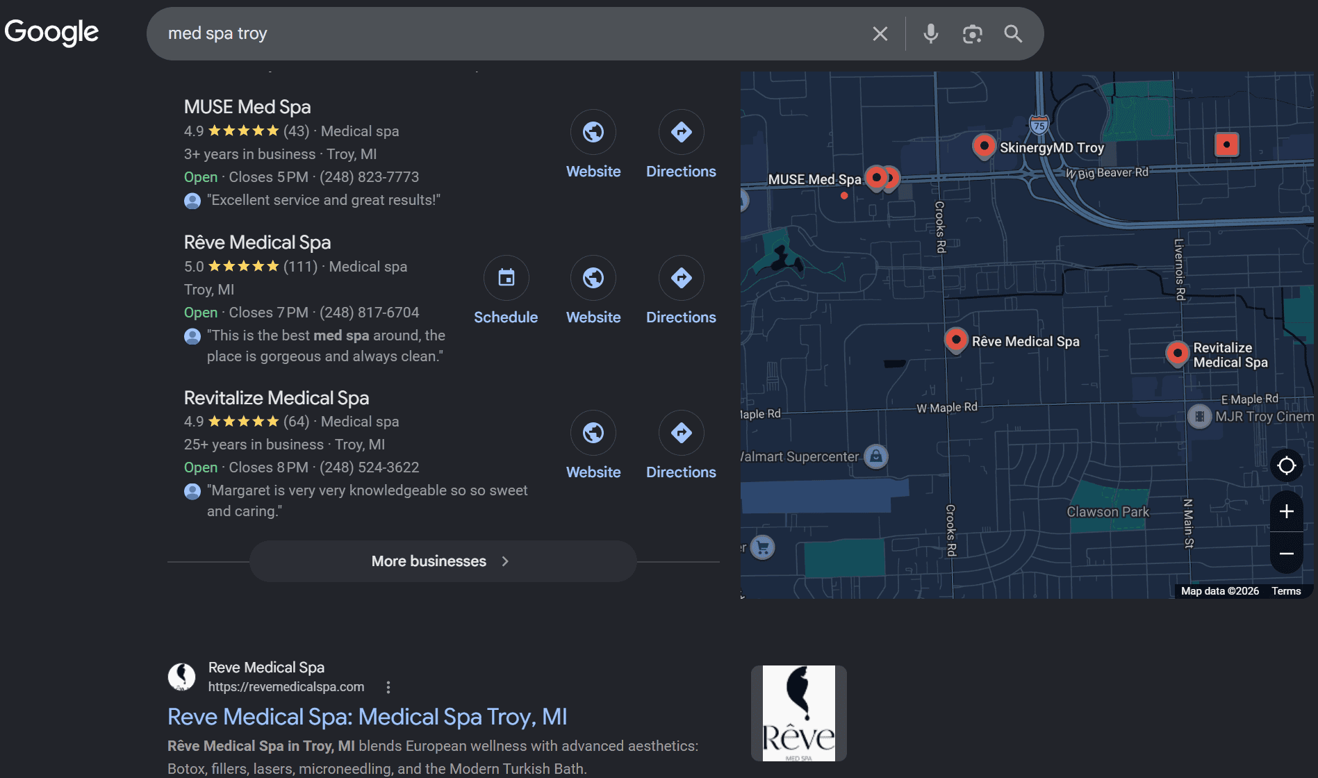 Google results for med spa troy showing Reve Medical Spa in the map pack with a 5.0 rating from 111 reviews