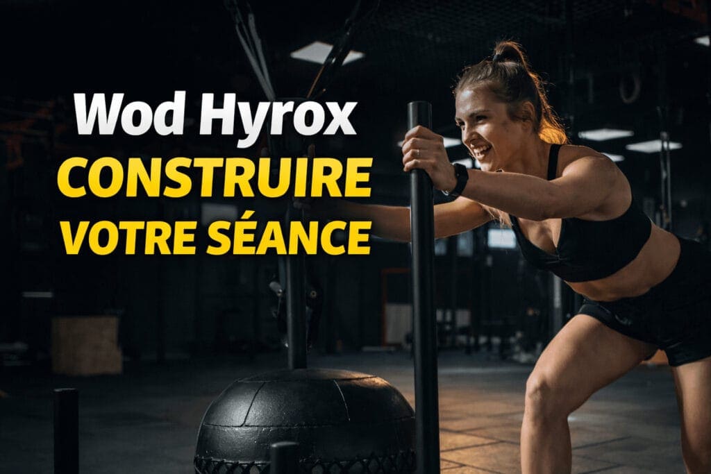 Athlète femme effectuant un Sled Push lors d'un WOD Hyrox - Simulation d'entraînement Hyrox en salle