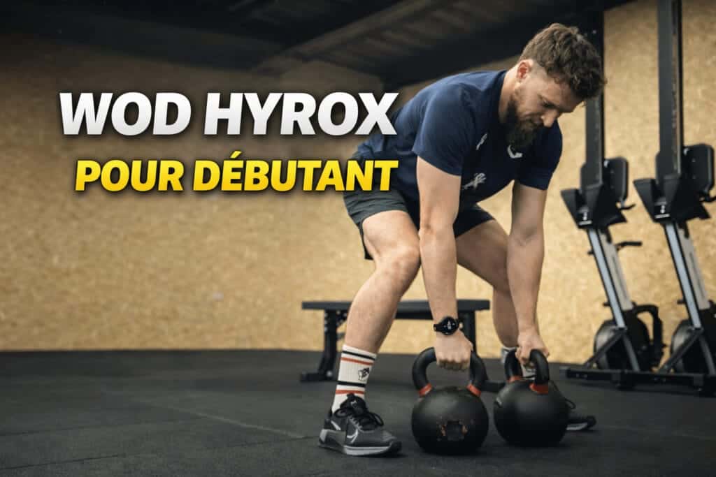 Athlète homme effectuant Farmers Carry avec kettlebells - WOD Hyrox débutant entraînement