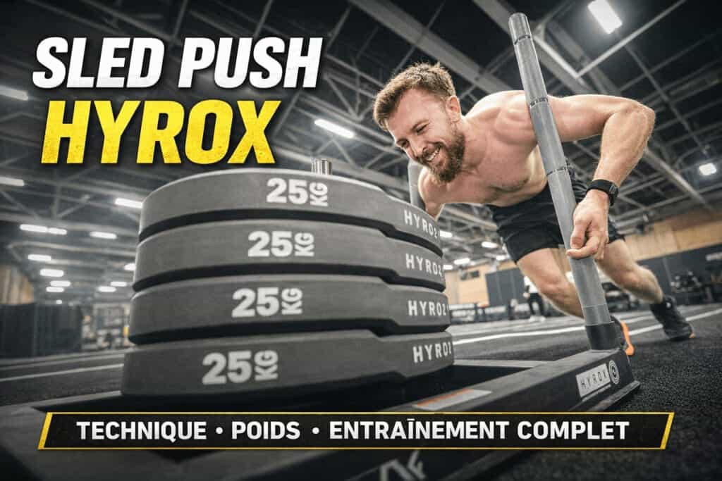 Athlète poussant un sled push Hyrox 25kg en compétition technique et entraînement
