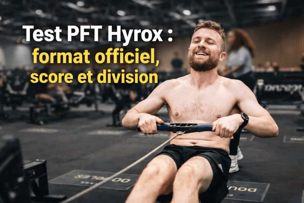 Test PFT Hyrox format officiel, score et division – rameur en salle d'entraînement