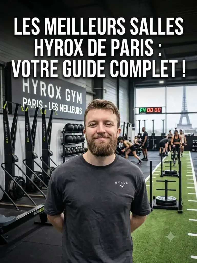 Athlète Hyrox devant l'équipement d'une salle Hyrox à Paris — ski erg, sled et wall balls visibles