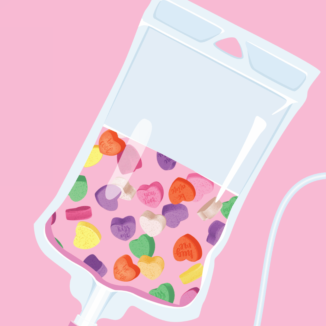 Illustration of IV Therapy Bag with Valentine's character heart candy to highlight self-care during Valentine's Day Season