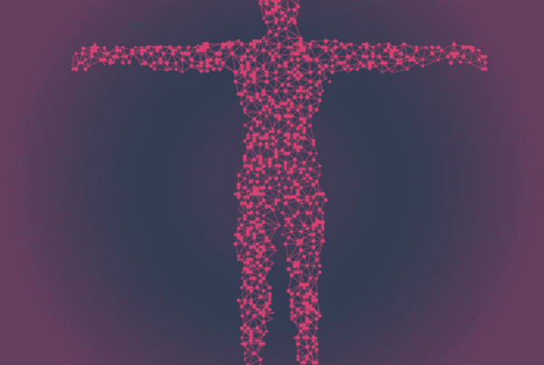 Illustration of human body composed of dots on blue background with red and pinkish highlights