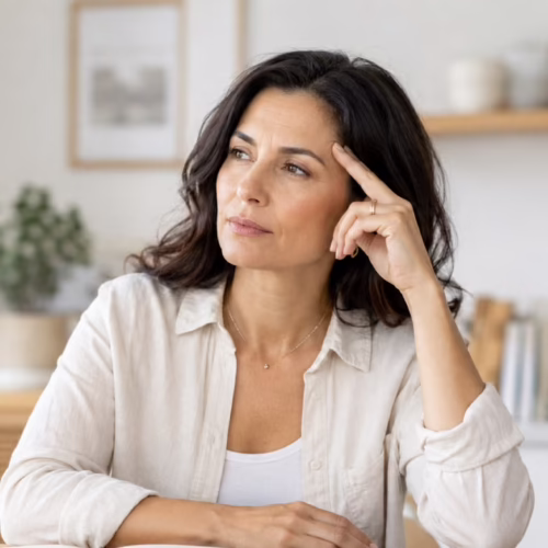 Woman sitting thoughtfully indoors representing fatigue, brain fog, and everyday health symptoms