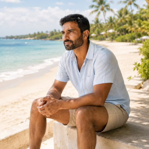 Man sitting by the beach in summer representing seasonal health, energy, and wellness