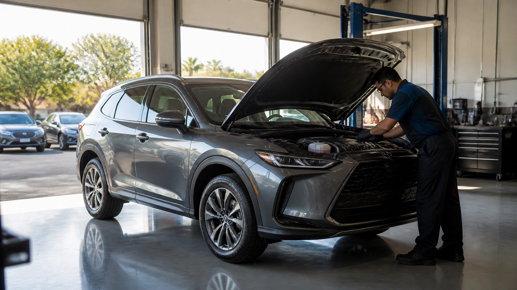 Technician inspecting a silver SUV engine at Aliso Viejo auto shop.