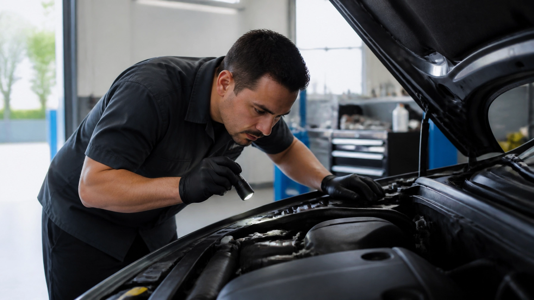 Auto mechanic inspecting car engine at Aliso Viejo auto shop.