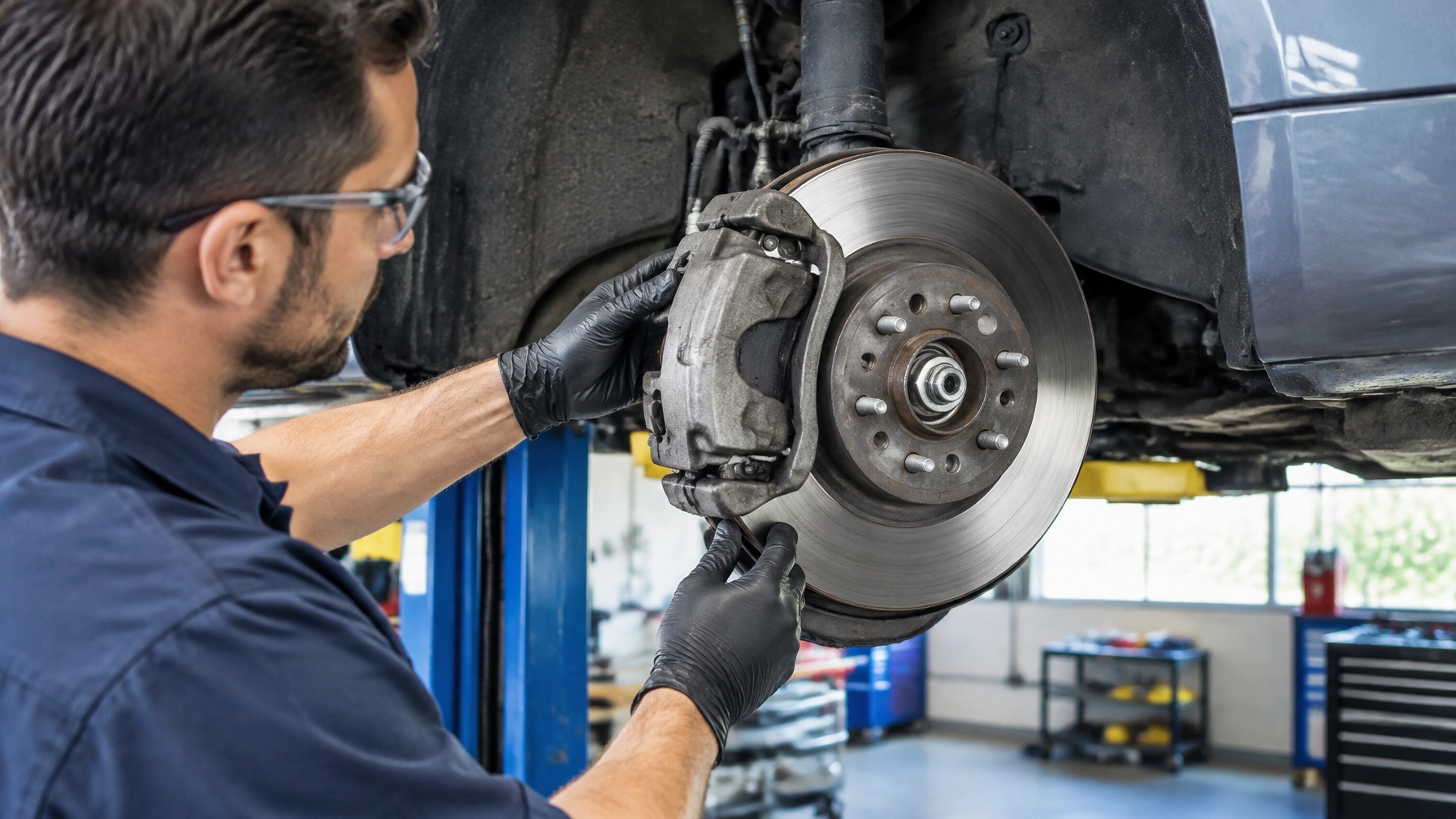 Technician inspecting car brake system at Aliso Viejo auto shop.