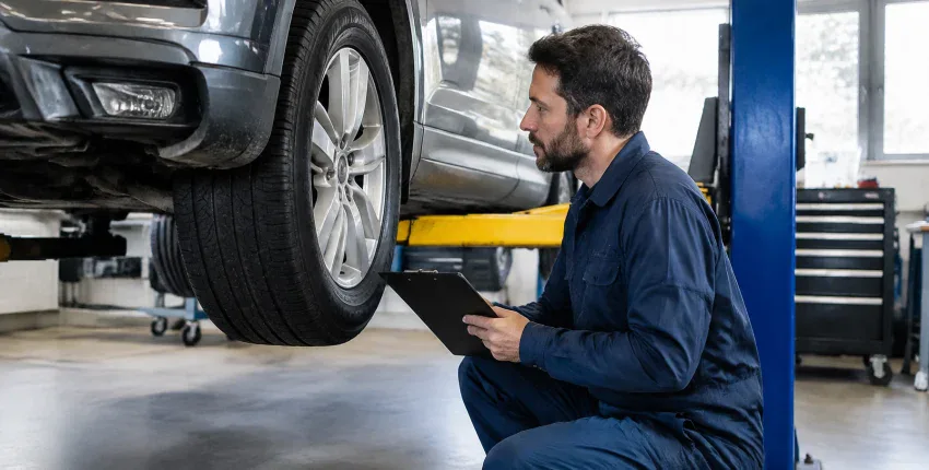 Mechanic inspecting a car lifted on a hydraulic lift at Aliso Viejo auto shop.