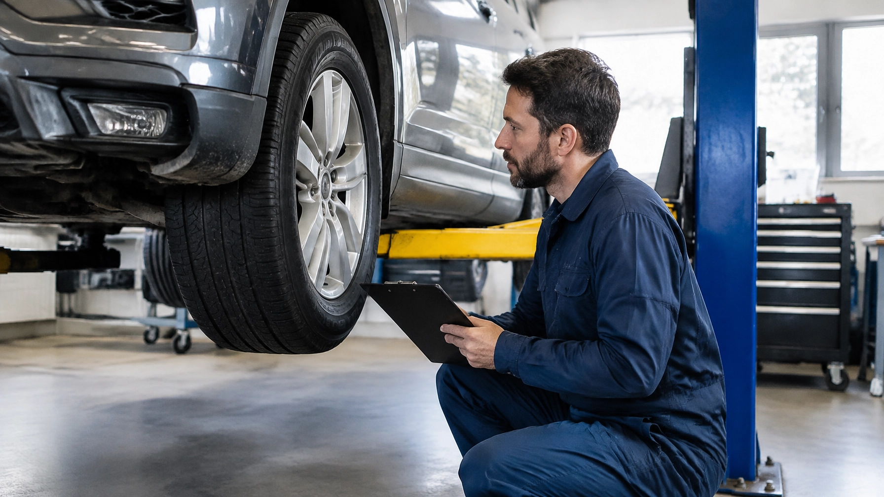 Mechanic inspecting a car lifted on a hydraulic lift at Aliso Viejo auto shop.
