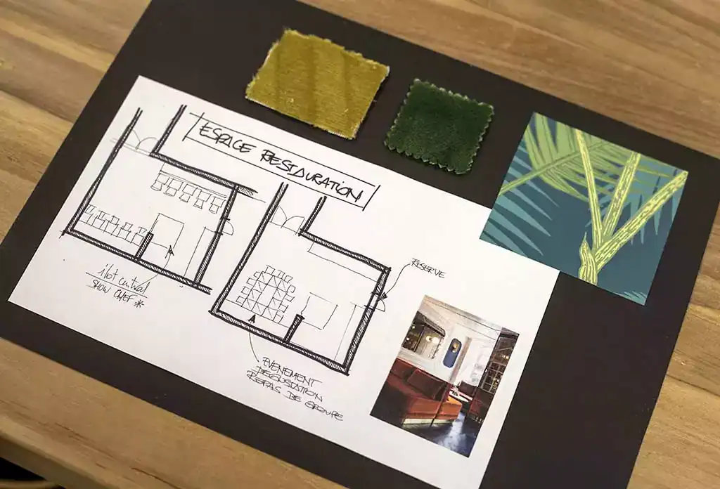 Planche d'ambiance présentant des croquis de design intérieur pour une terrasse de restauration, accompagnée d'échantillons de tissus dans des tons verts et dorés, ainsi qu'un motif végétal. Un mélange d'élégance et de convivialité.