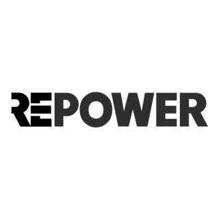Schwarz-weißes REPOWER-Logo, kräftige Schriftart, Symbol für Energie und Stärke.