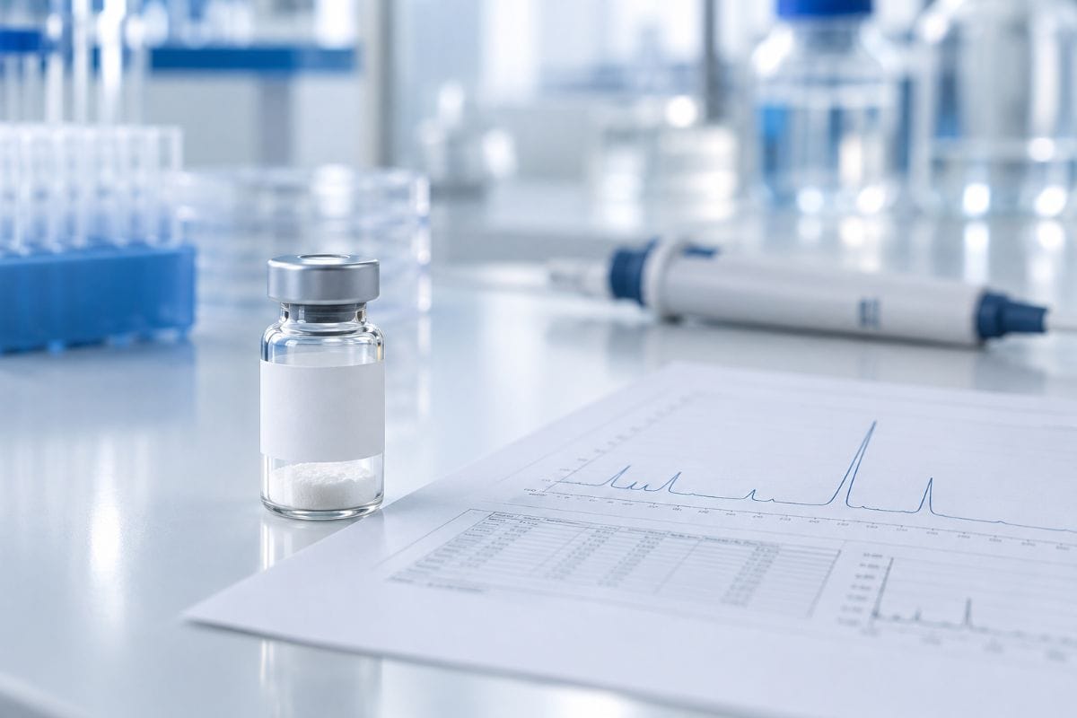 Glass vial of white lyophilised powder beside a printed HPLC chromatogram on a laboratory bench