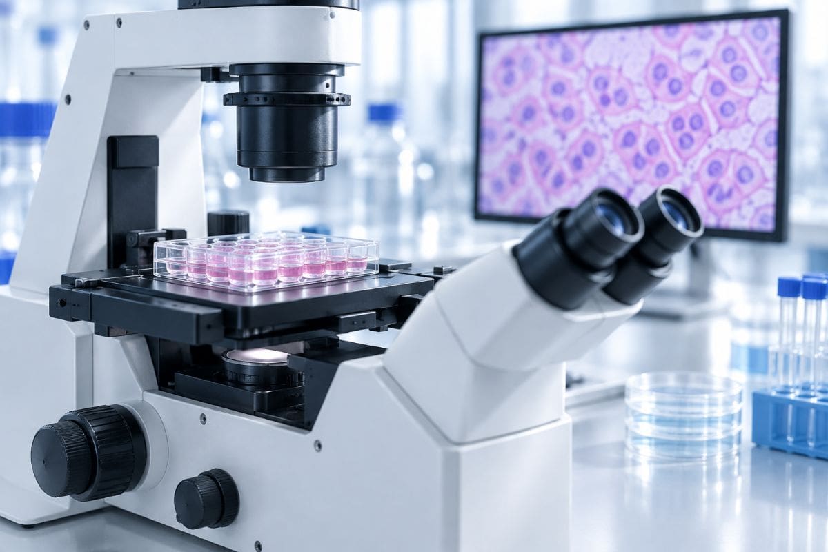Inverted laboratory microscope with a multiwell culture plate and a monitor showing a stained epithelial cell monolayer