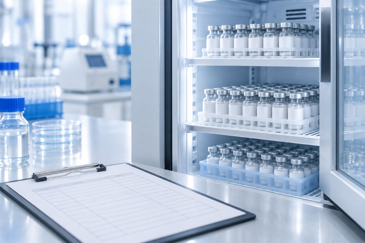 Racks of labelled glass vials in a laboratory cold-storage refrigerator with a sample log clipboard on the bench