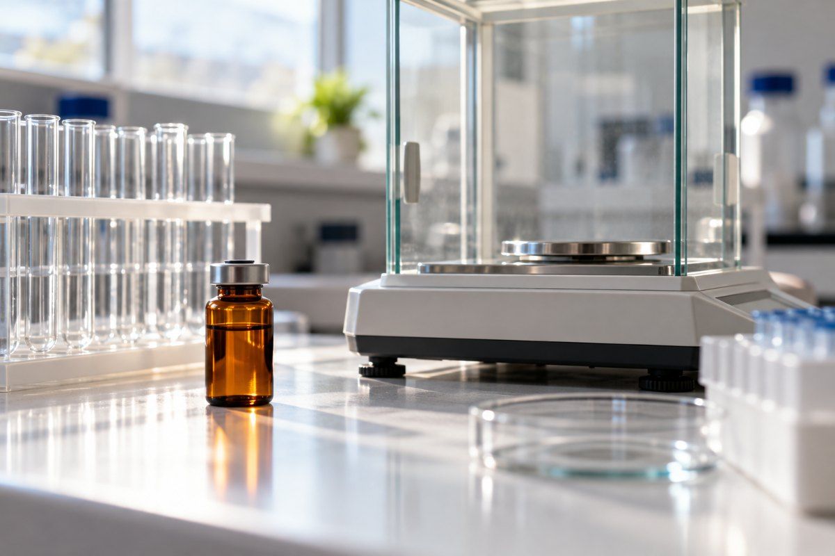 Amber glass research vial beside an analytical balance and test tube rack on a laboratory bench, illustrating SLU-PP-332 research material