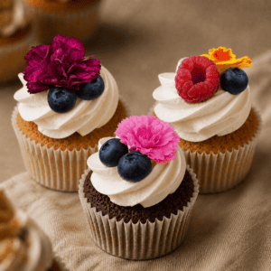 Bruiloft cupcakes met bloemen en fruit