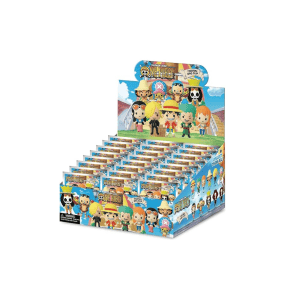 Display of One Piece Funko Pop figures with characters in colorful outfits.