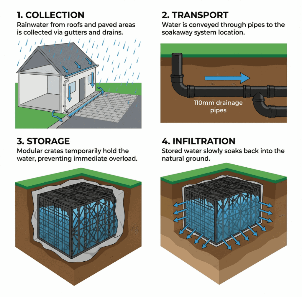 Diagrama que explica el proceso de cuatro etapas mediante el cual las cajas de infiltración recogen, almacenan e infiltran el agua de lluvia.