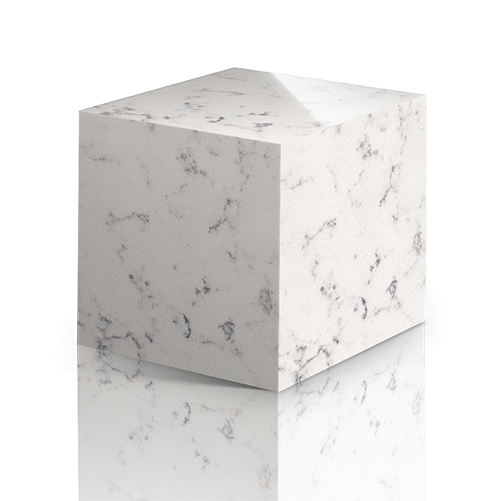Small sample cube of Silestone Lyra, displaying its smooth white surface with subtle gray veining.