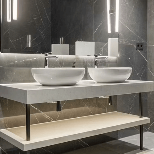 Lagoon Countertop White Silestone bathroom application, elegant and durable for a spa-like bathroom experience.