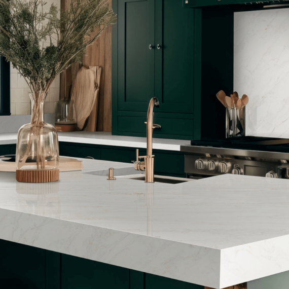 Stunning kitchen island featuring a Calacatta Premata Premium Natural Quartz countertop, showcasing its elegant white surface, subtle veining, and integrated sink with a gold faucet.