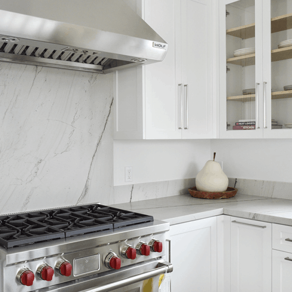 Elegant kitchen with Luce Di Luna quartzite countertops, featuring seamless installation and a beautiful natural stone appearance with subtle veining.