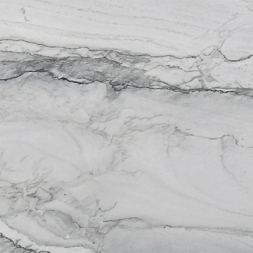 Sample of Statuario Quartzite slab, polished 3 cm finish, crisp white background with dramatic grey and charcoal veins.