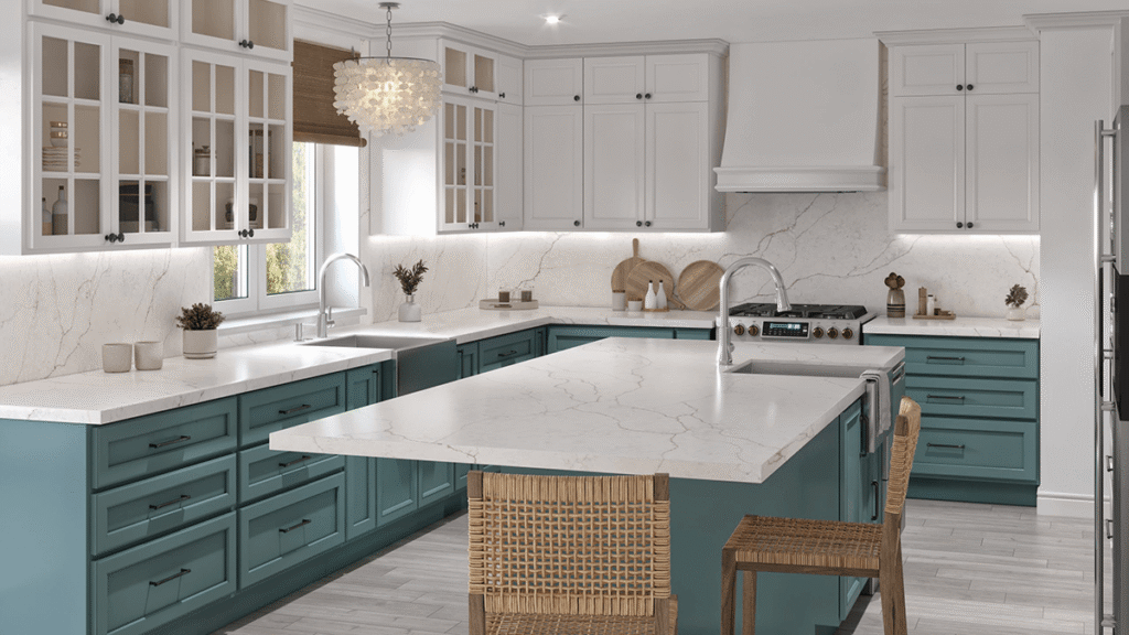 Modern kitchen featuring Ethereal collection stone countertops with elegant veining, custom fabricated and installed by Arlington Marble, Fort Worth.