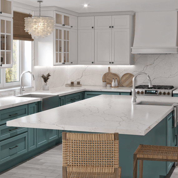 Modern kitchen featuring Ethereal collection stone countertops with elegant veining, custom fabricated and installed by Arlington Marble, Fort Worth.