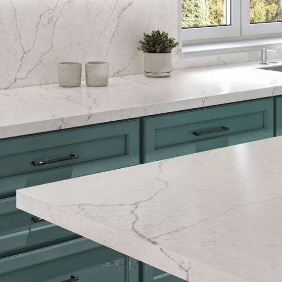 Close-up view of Ethereal collection stone countertop detailing the elegant veining and high-end finish, custom fabricated by Arlington Marble, Fort Worth.