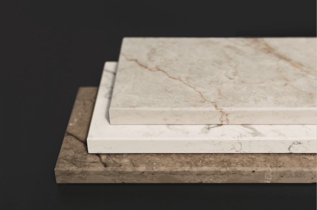 INLAYR® design technology by Cosentino, an advanced robotic process that creates realistic, three-dimensional veining throughout the entire mineral surface slab at Arlington Marble