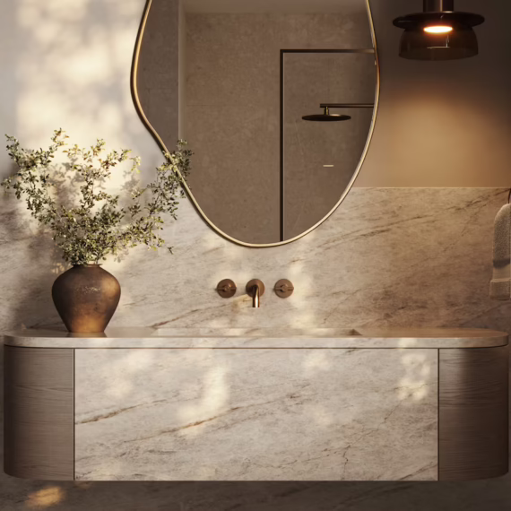 Custom stone drawer panels and matching floating vanity top in Cosentino Eclos Tajnar by Arlington Marble.