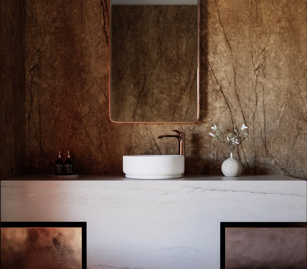 Luxury bathroom vanity detail featuring a white Ivora stone countertop and warm taupe Legnd wall paneling by Arlington Marble.