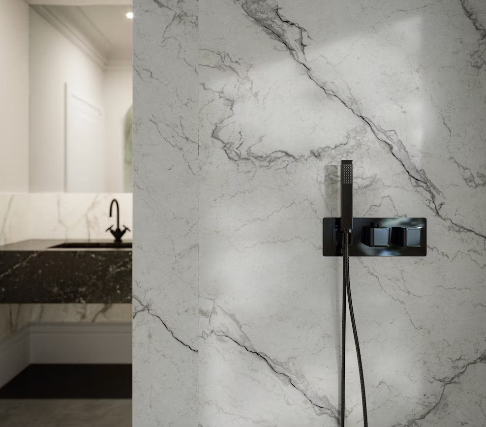 Premium walk-in shower stone wall paneling in Cosentino Eclos Wondr by Arlington Marble.