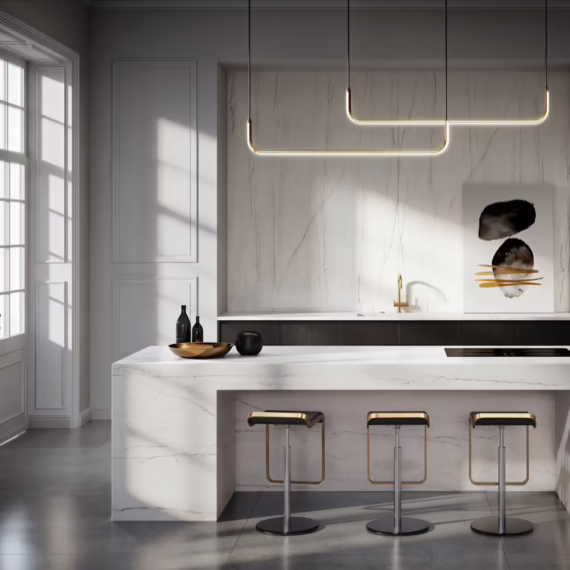 Modern minimalist kitchen island with an integrated stone sink in Cosentino Eclos Ivora by Arlington Marble.