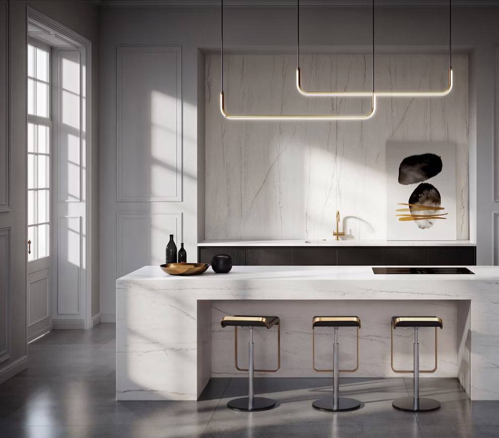 Modern minimalist kitchen island with an integrated stone sink in Cosentino Eclos Ivora by Arlington Marble.