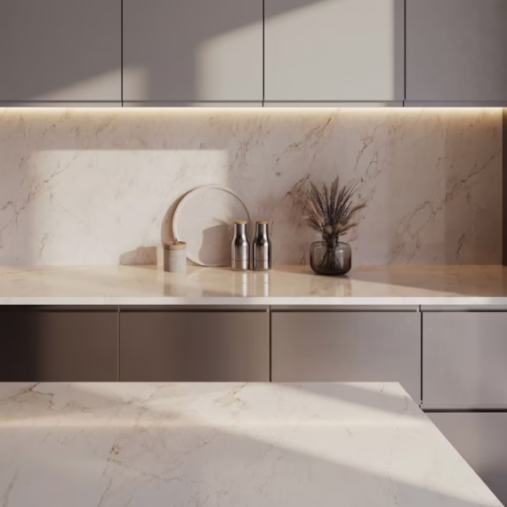 Minimalist kitchen counter and matching full slab backsplash in Cosentino Eclos Landr by Arlington Marble.