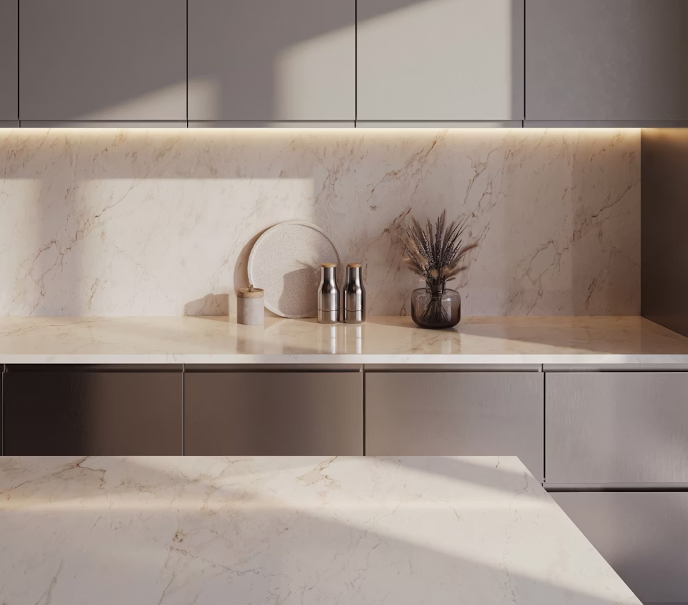 Minimalist kitchen counter and matching full slab backsplash in Cosentino Eclos Landr by Arlington Marble.
