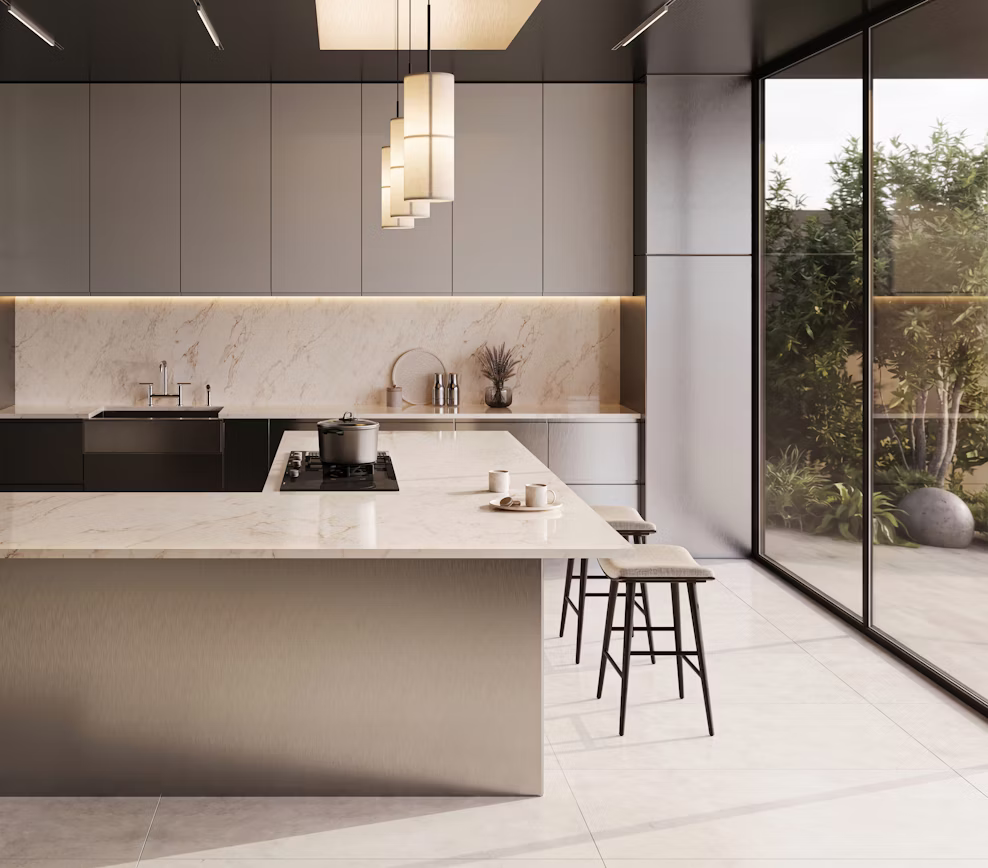 3D kitchen mockup showing elegant cream Landr stone countertops custom designed in Fort Worth.