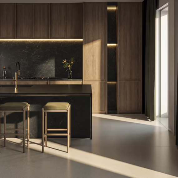 Custom dark matte stone countertop installation with full-height slab backsplash in a Fort Worth home.