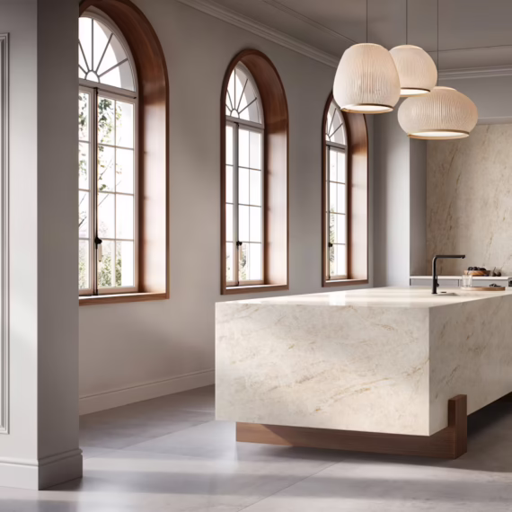 Luxury kitchen remodel with a monolithic stone island and full backsplash in Cosentino Eclos Tajnar by Arlington Marble.