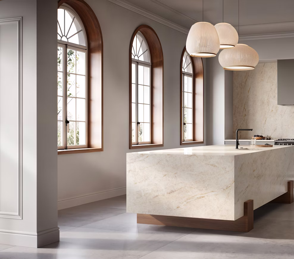 Luxury kitchen remodel with a monolithic stone island and full backsplash in Cosentino Eclos Tajnar by Arlington Marble.