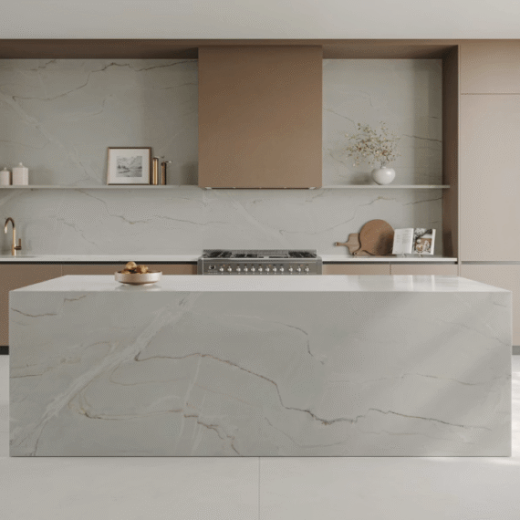 Bianco Superiore quartzite kitchen countertop custom fabricated by Arlington Marble in Fort Worth, TX.